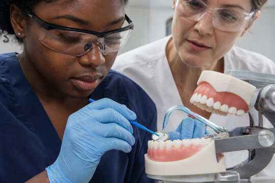Dental Hygiene Student Practicing Sealant on Tooth Model