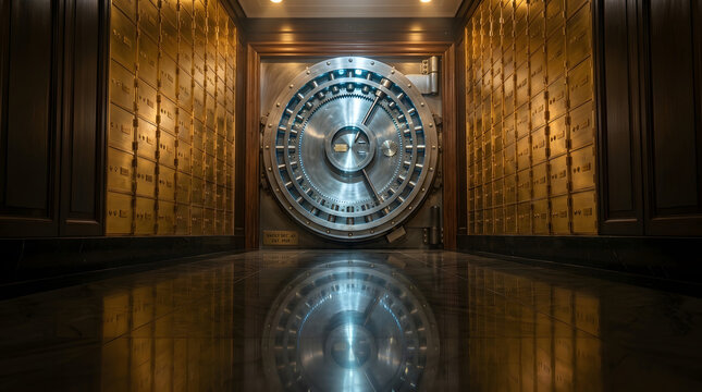 Massive steel bank vault door and rows of gold safe deposit boxes