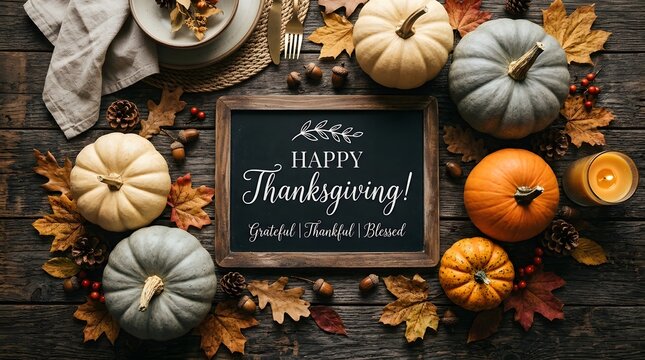 Autumn harvest pumpkins and gourds with handwritten thankful message on chalkboard for Thanksgiving