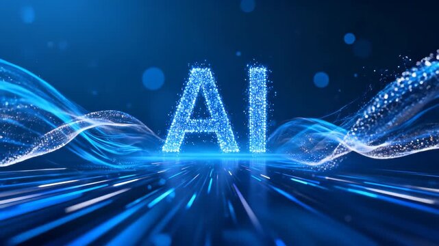 Artificial Intelligence concept with glowing digital AI letters and abstract data lines on a blue tech background