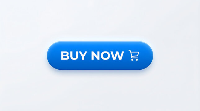 Bright blue rounded button featuring white buy now text and a shopping cart icon symbol