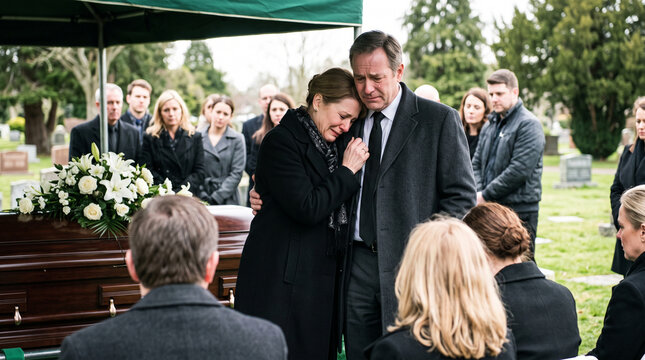 a grieving couple standing outdoors at a cemetery during a funeral service. Dressed in black mourning attire, the man holds the tearful woman closely with a comforting arm around her shoulder while th