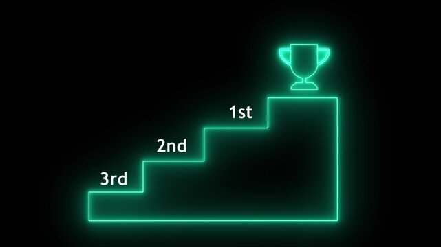 Neon green Podium Steps 3rd, 2nd, 1st and finally Trophy Trophy on Black Background.Motion graphics of concept