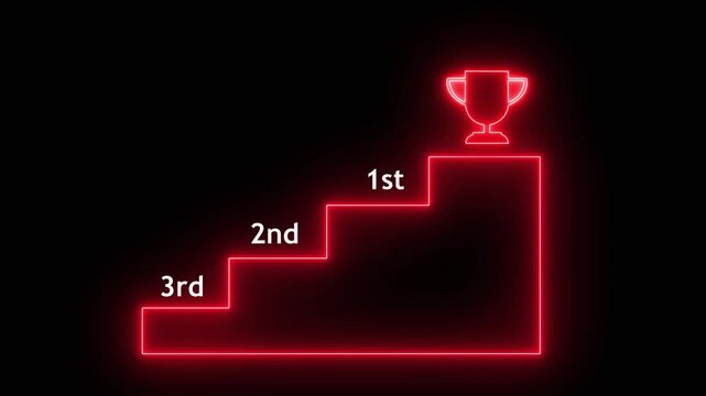 Neon Red Podium Steps 3rd, 2nd, 1st and finally Trophy Trophy on Black Background.Motion graphics of concept