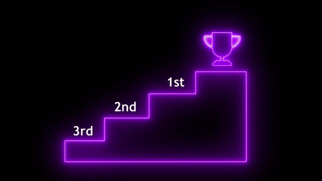 Neon pink Podium Steps 3rd, 2nd, 1st and finally Trophy Trophy on Black Background.Motion graphics of concept