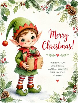 A cheerful elf with pointy ears and a green outfit holds a gift box. The background features festive pine branches and holly, conveying a Christmas theme.
