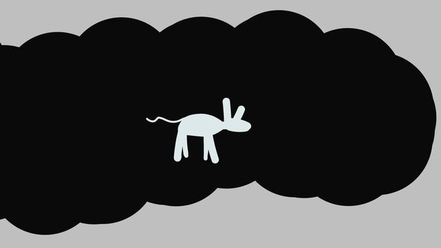 Inside a black, moving cloud, fog, or curtain, a horned animal runs.