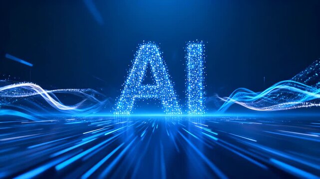 Dynamic Digital Visualization of Artificial Intelligence with Glowing Particle Letters and Abstract Data Flow, Representing Future Technology, Innovation, and Computing