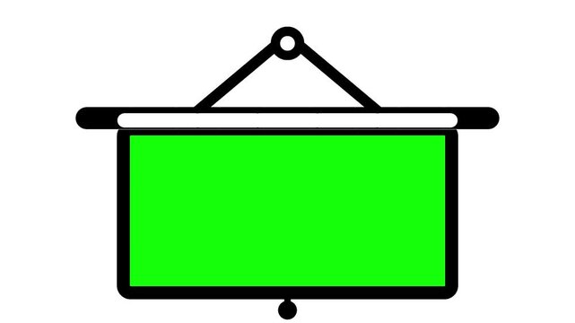 A manual projection screen pulls down to reveal a green screen chroma key surface and then retracts on a white background.