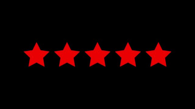 Five red stars rating animation appearing sequentially on black background for review concept