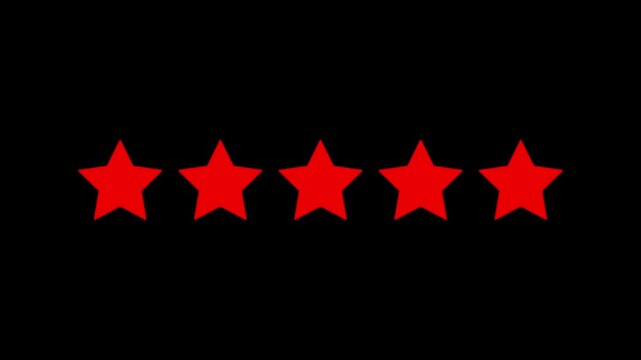 Five red stars rating animation appearing sequentially on black background for review concept