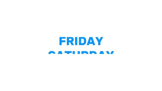 Monday to Sunday Days of the Week Scrolling Text Animation on Transparent Background. Weekday Names Vertical Scroll Animation in 4K .7 Days of the Week Text Transition ,Weekly Calendar Animation