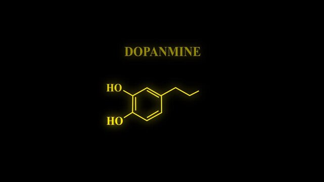 Dopamine Molecule Structure Symbol Neon Animation on Black Background.  glowing chemical formula of Dopamine. Dopamine Structure Symbol icon. 4k rendering motion animation. 
