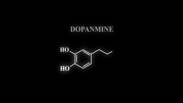 Dopamine Molecule Structure Symbol Neon Animation on Black Background.  glowing chemical formula of Dopamine. Dopamine Structure Symbol icon. 4k rendering motion animation. 
