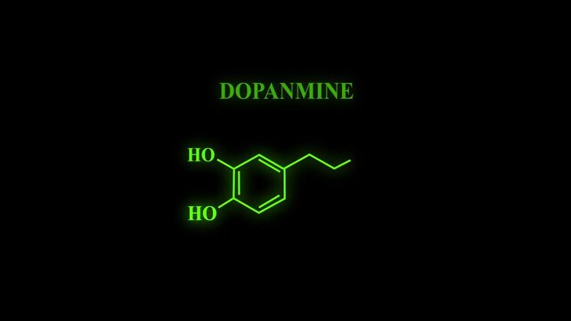 Dopamine Molecule Structure Symbol Neon Animation on Black Background.  glowing chemical formula of Dopamine. Dopamine Structure Symbol icon. 4k rendering motion animation. 