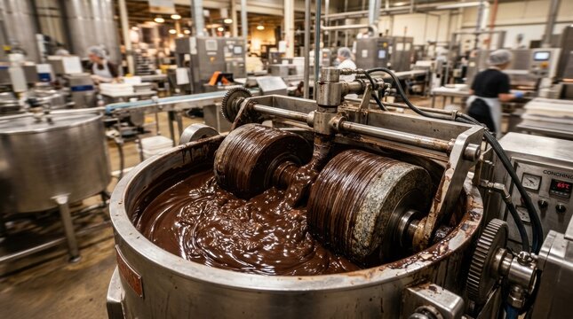 Chocolate conching machine processing rich molten chocolate mixture in a bustling industrial confectionery factory, highlighting the artisanal production process.