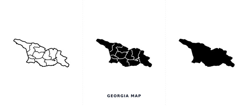 Georgia map vector set, administrative regions of Georgia outline, black silhouette and line art icons for travel and geography