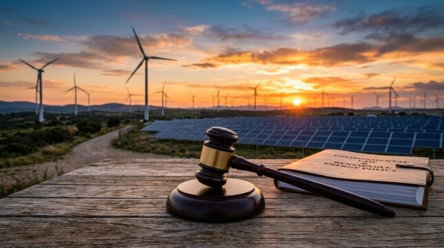 Gavel and environmental law book symbolize sustainable energy policy and legal frameworks set against a vibrant renewable power landscape at sunset.