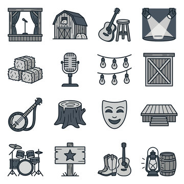 Country music and rustic farm life icon collection.