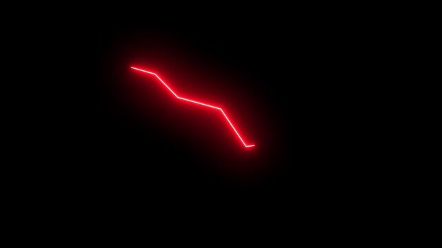 Neon glowing down ward graph with arrow indicating decline, loss, and negative trends on a dark, on alpha transparent background 4k video animation.