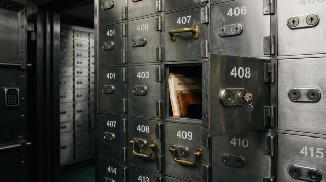 Safe deposit boxes in a secure bank vault, with one open compartment displaying important personal documents, a wallet, and keys hanging from the lock.