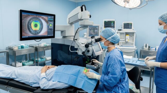Eye surgeon performs laser vision correction procedure on patient, carefully operating advanced ophthalmic equipment in a sterile surgical environment.