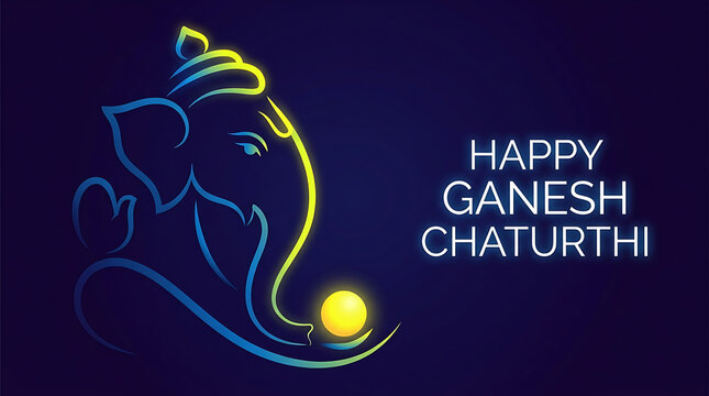 Ganesh chaturthi greeting card with glowing neon outline of lord ganesha on dark blue background