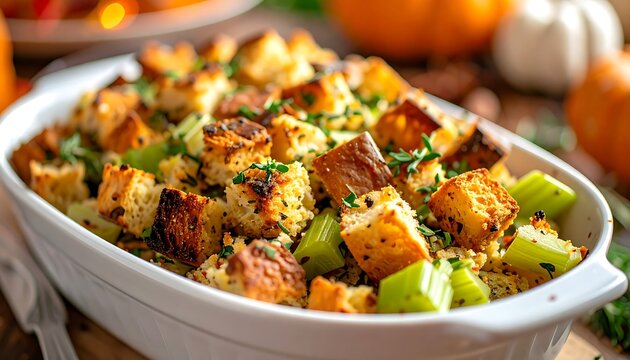 Delicious homemade stuffing in a white casserole dish, ready for Thanksgiving dinner.