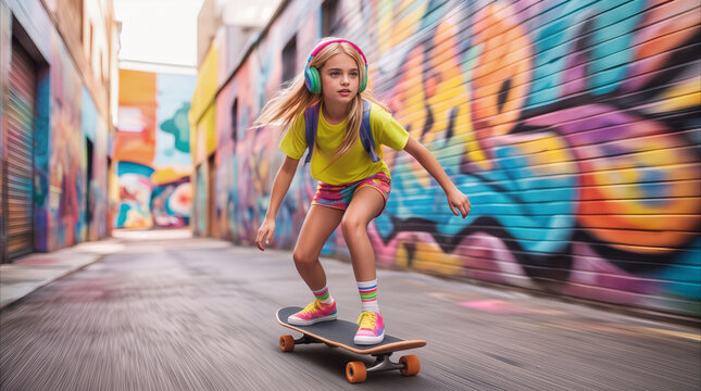 Preteen girl skateboarding through urban alleyway with colorful graffiti walls. Young skater wearing headphones and backpack during active outdoor recreation in city environment.