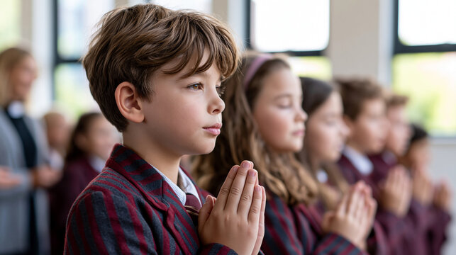 Uniformed schoolchildren singing and praying during a Catholic church service, standing in orderly rows beneath bright windows, teacher and clergy nearby, catholic school, church service,