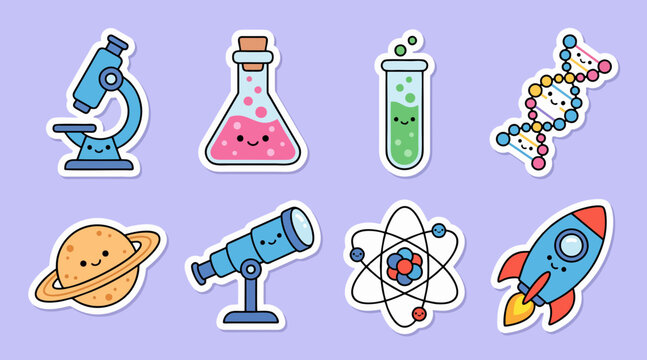 Scientific icons set featuring cute vector illustrations of chemistry equipment and space exploration planet tools