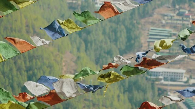 Close-Up of Buddhist Prayer Flags Fluttering in Slow Motion in Thimphu, Bhutan