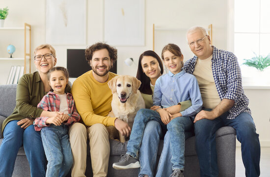 Family grandparents parents children and labrador dog together. Smiling multigenerational relatives sit on a cozy home sofa with a friendly pet. Concept shows unity, love, trust, care.