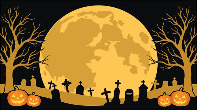 A spooky halloween scene with a full orange moon silhouetted bats a haunted house and intricate spiderwebs for a festive background