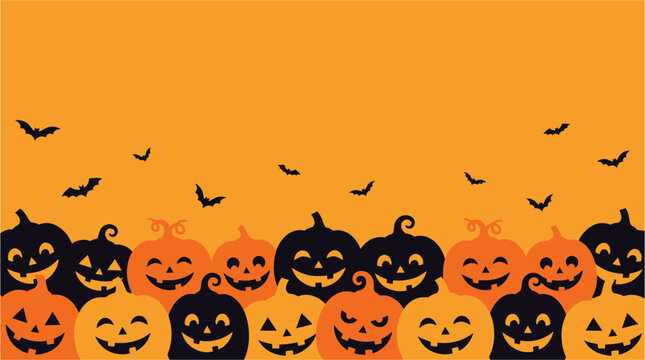 A spooky and delightful halloween scene featuring jack o' lanterns and silhouetted bats against a vibrant orange background perfect for seasonal celebrations