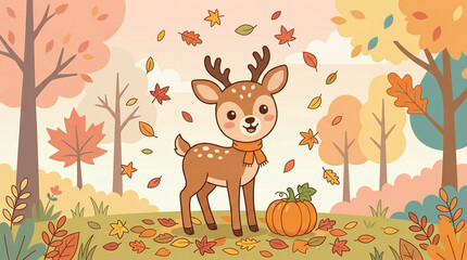 Naklejka premium Cute little fawn in autumn forest with pumpkin and falling leaves, illustration