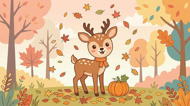 Cute little fawn in autumn forest with pumpkin and falling leaves, illustration