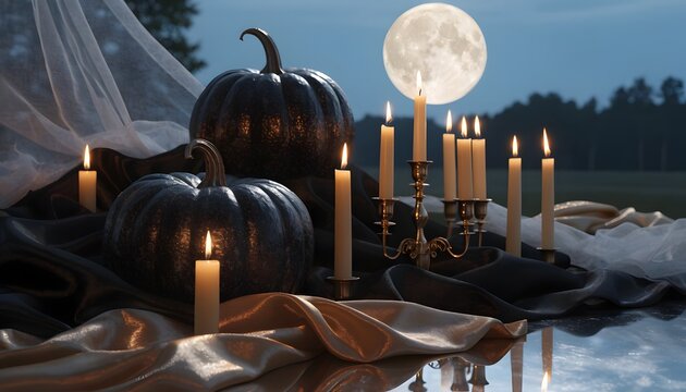 Luxurious Halloween Scene with Black Pumpkins Candles and Full Moon