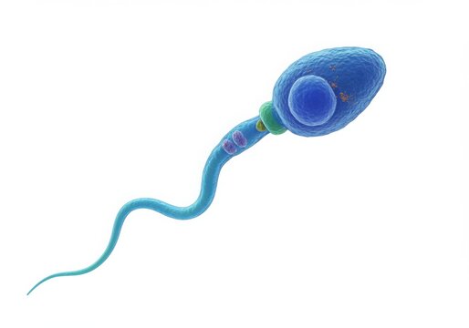 Microscopic view of a single blue sperm cell with a tail