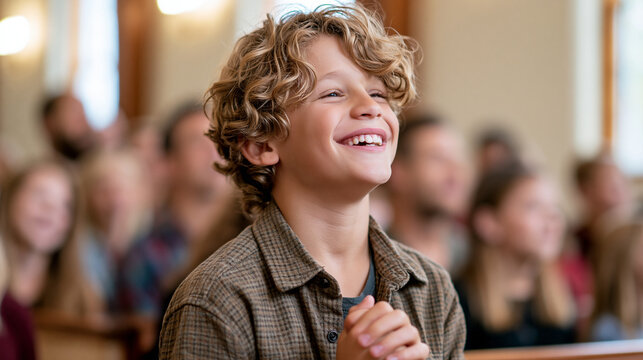 Young boy singing joyfully during an uplifting church worship service, congregation joining behind him in a bright welcoming sanctuary, child singer, church worship, christian faith,