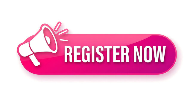 Register now button featuring pink glossy rounded rectangle shape with a white megaphone icon overlay design