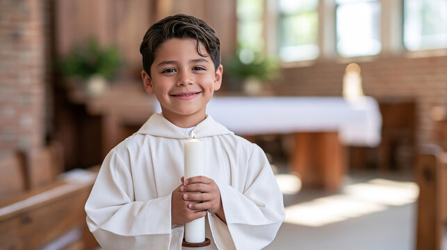 Young boy receiving first Holy Communion in a white ceremonial robe while holding a candle near a bright church altar, joyful family tradition, first communion, catholic child, candle,