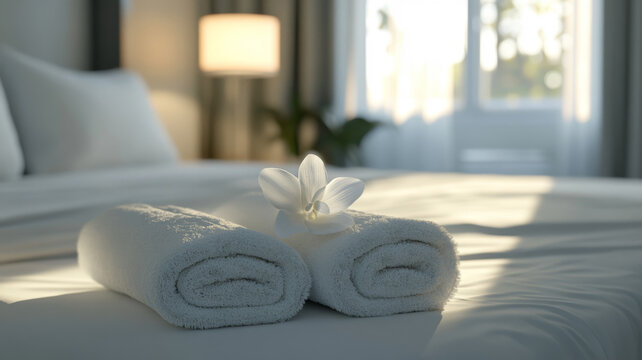 Elegant Hotel Room with Fresh Towels and Frangipani Flower