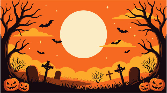 A spooky halloween night scene featuring a large orange moon and silhouetted bats flying across a vibrant orange sky perfect for seasonal decorations