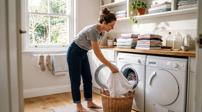 Person folds freshly laundered clothes in a cheerful laundry room