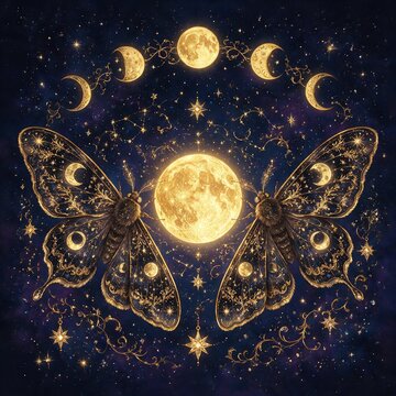 Twin Celestial Moths Circling Golden Moon