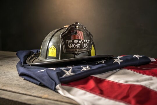 American firefighter helmet and flag tribute