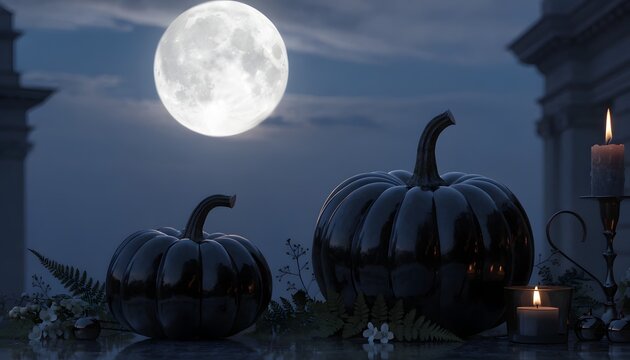 Luxury Halloween Decoration Featuring Black Pumpkins Candles and Full Moon