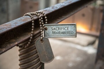 Fototapeta premium Military Dog Tags Hanging On Industrial Metal Beam