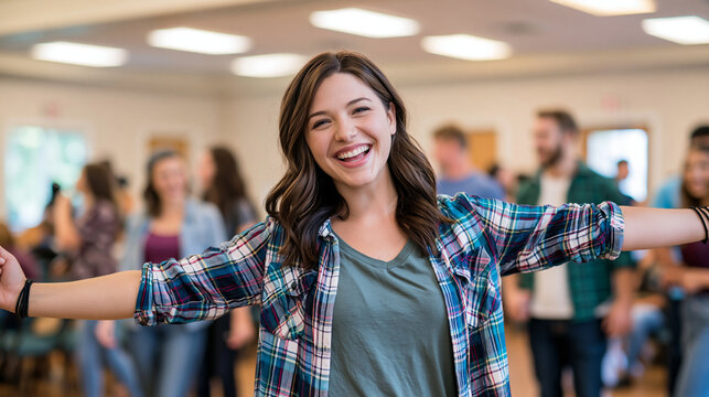 Playful young woman miming an air guitar inside a bright church community space, smiling with friends during a youth activity, christian youth, playful, woman, music, church, joy,